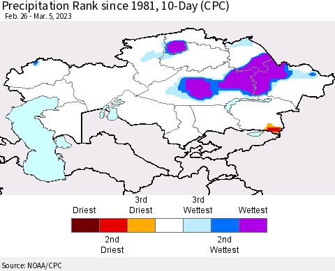 Kazakhstan Precipitation Rank since 1981, 10-Day (CPC) Thematic Map For 2/26/2023 - 3/5/2023