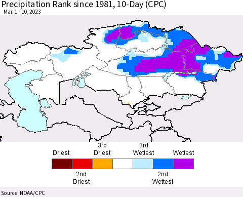 Kazakhstan Precipitation Rank since 1981, 10-Day (CPC) Thematic Map For 3/1/2023 - 3/10/2023