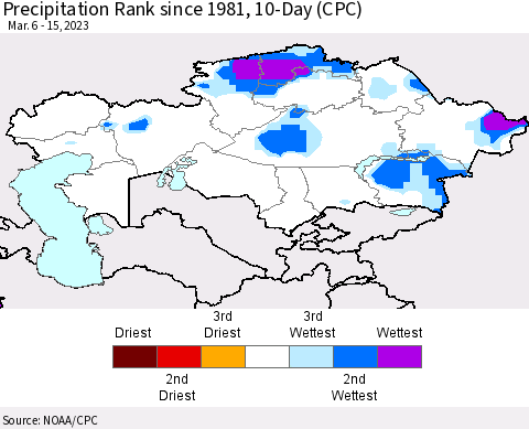Kazakhstan Precipitation Rank since 1981, 10-Day (CPC) Thematic Map For 3/6/2023 - 3/15/2023