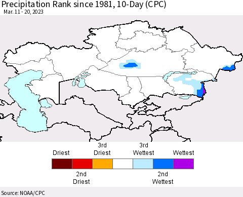 Kazakhstan Precipitation Rank since 1981, 10-Day (CPC) Thematic Map For 3/11/2023 - 3/20/2023