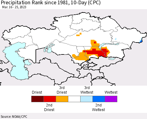 Kazakhstan Precipitation Rank since 1981, 10-Day (CPC) Thematic Map For 3/16/2023 - 3/25/2023
