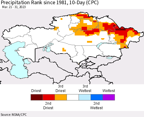 Kazakhstan Precipitation Rank since 1981, 10-Day (CPC) Thematic Map For 3/21/2023 - 3/31/2023