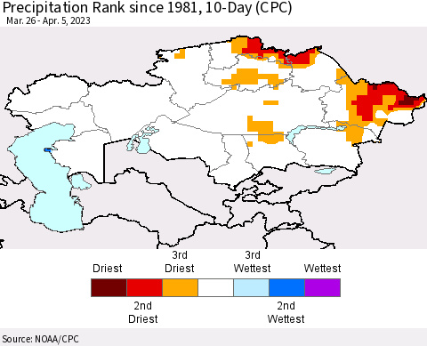 Kazakhstan Precipitation Rank since 1981, 10-Day (CPC) Thematic Map For 3/26/2023 - 4/5/2023