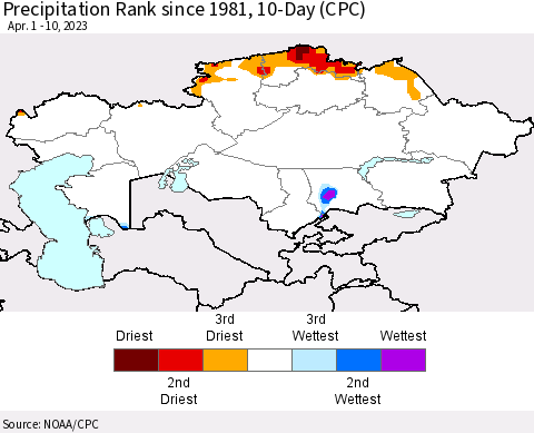 Kazakhstan Precipitation Rank since 1981, 10-Day (CPC) Thematic Map For 4/1/2023 - 4/10/2023