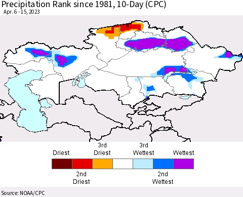Kazakhstan Precipitation Rank since 1981, 10-Day (CPC) Thematic Map For 4/6/2023 - 4/15/2023