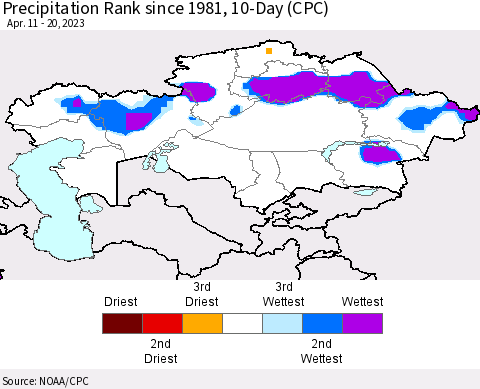 Kazakhstan Precipitation Rank since 1981, 10-Day (CPC) Thematic Map For 4/11/2023 - 4/20/2023