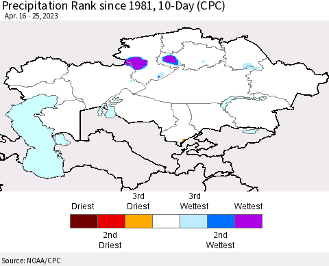 Kazakhstan Precipitation Rank since 1981, 10-Day (CPC) Thematic Map For 4/16/2023 - 4/25/2023