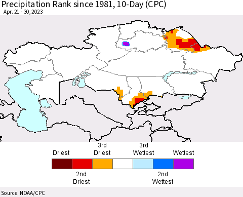 Kazakhstan Precipitation Rank since 1981, 10-Day (CPC) Thematic Map For 4/21/2023 - 4/30/2023