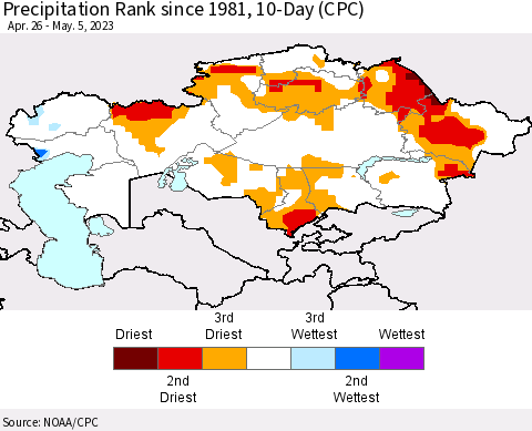Kazakhstan Precipitation Rank since 1981, 10-Day (CPC) Thematic Map For 4/26/2023 - 5/5/2023