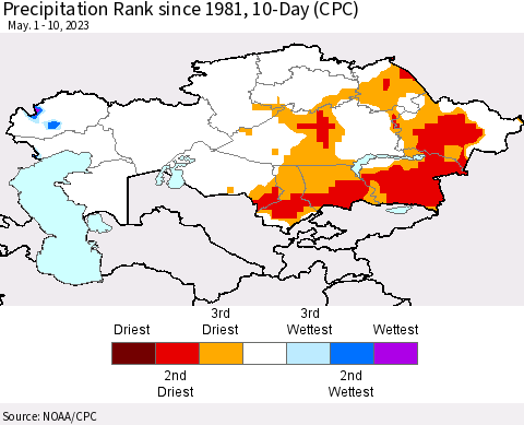 Kazakhstan Precipitation Rank since 1981, 10-Day (CPC) Thematic Map For 5/1/2023 - 5/10/2023