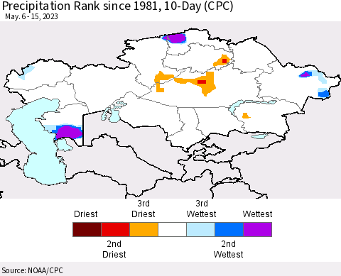 Kazakhstan Precipitation Rank since 1981, 10-Day (CPC) Thematic Map For 5/6/2023 - 5/15/2023
