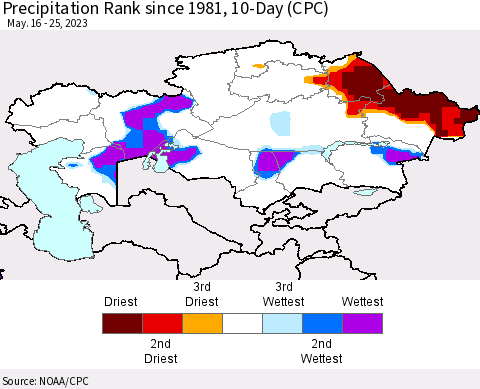 Kazakhstan Precipitation Rank since 1981, 10-Day (CPC) Thematic Map For 5/16/2023 - 5/25/2023