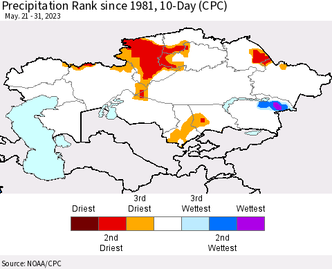 Kazakhstan Precipitation Rank since 1981, 10-Day (CPC) Thematic Map For 5/21/2023 - 5/31/2023