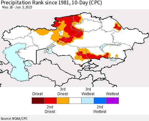 Kazakhstan Precipitation Rank since 1981, 10-Day (CPC) Thematic Map For 5/26/2023 - 6/5/2023