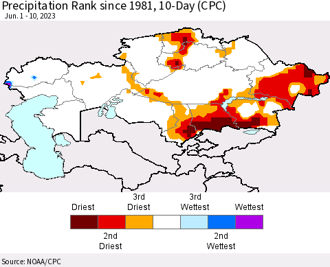 Kazakhstan Precipitation Rank since 1981, 10-Day (CPC) Thematic Map For 6/1/2023 - 6/10/2023