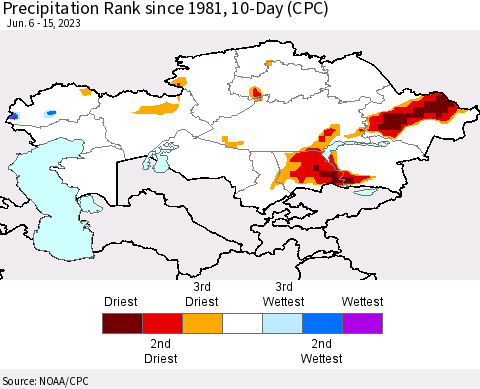 Kazakhstan Precipitation Rank since 1981, 10-Day (CPC) Thematic Map For 6/6/2023 - 6/15/2023
