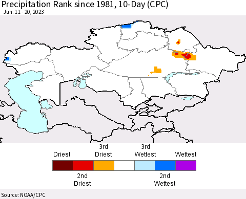 Kazakhstan Precipitation Rank since 1981, 10-Day (CPC) Thematic Map For 6/11/2023 - 6/20/2023