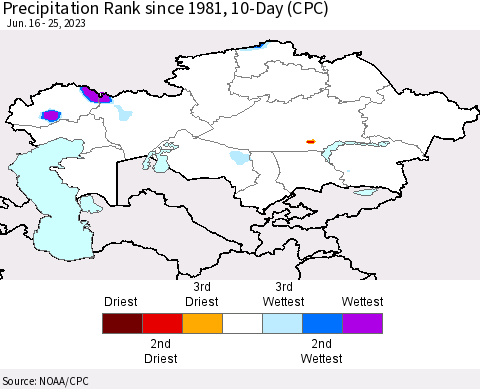 Kazakhstan Precipitation Rank since 1981, 10-Day (CPC) Thematic Map For 6/16/2023 - 6/25/2023