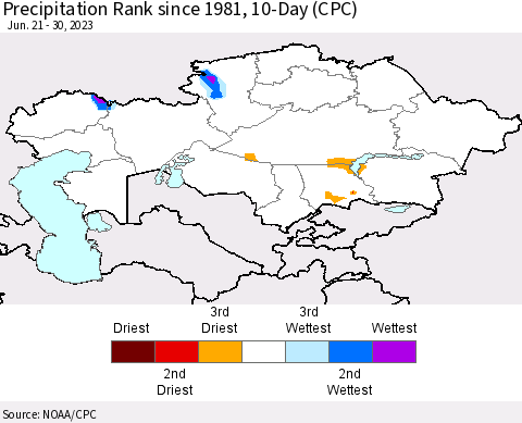 Kazakhstan Precipitation Rank since 1981, 10-Day (CPC) Thematic Map For 6/21/2023 - 6/30/2023