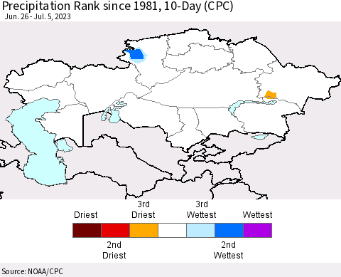 Kazakhstan Precipitation Rank since 1981, 10-Day (CPC) Thematic Map For 6/26/2023 - 7/5/2023