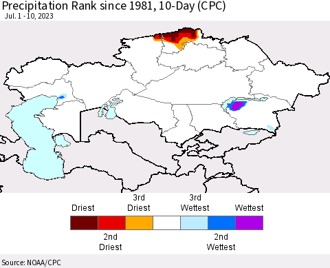 Kazakhstan Precipitation Rank since 1981, 10-Day (CPC) Thematic Map For 7/1/2023 - 7/10/2023