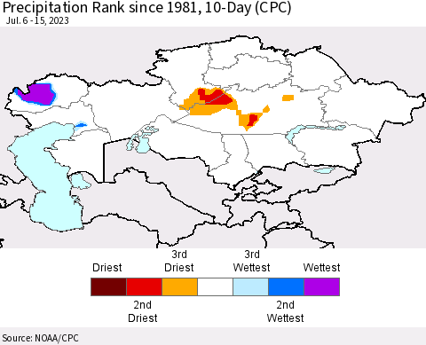 Kazakhstan Precipitation Rank since 1981, 10-Day (CPC) Thematic Map For 7/6/2023 - 7/15/2023