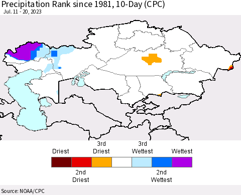 Kazakhstan Precipitation Rank since 1981, 10-Day (CPC) Thematic Map For 7/11/2023 - 7/20/2023