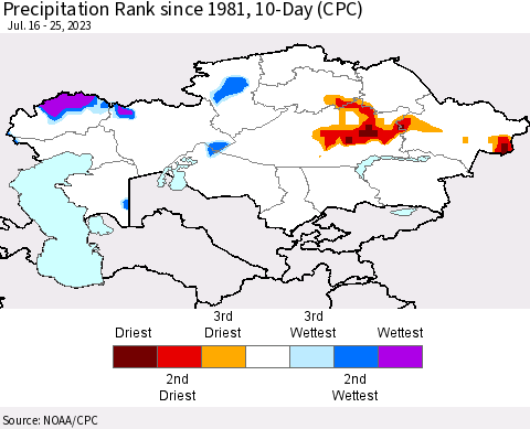 Kazakhstan Precipitation Rank since 1981, 10-Day (CPC) Thematic Map For 7/16/2023 - 7/25/2023