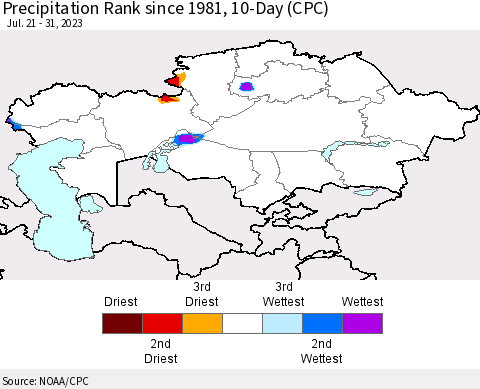 Kazakhstan Precipitation Rank since 1981, 10-Day (CPC) Thematic Map For 7/21/2023 - 7/31/2023