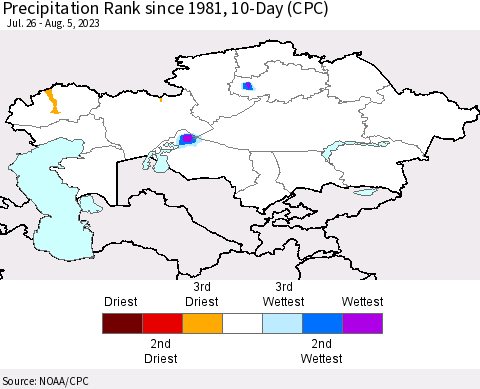 Kazakhstan Precipitation Rank since 1981, 10-Day (CPC) Thematic Map For 7/26/2023 - 8/5/2023