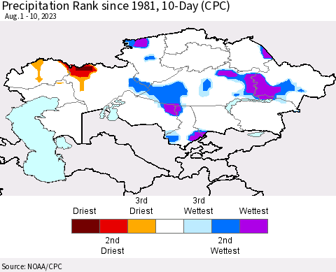 Kazakhstan Precipitation Rank since 1981, 10-Day (CPC) Thematic Map For 8/1/2023 - 8/10/2023