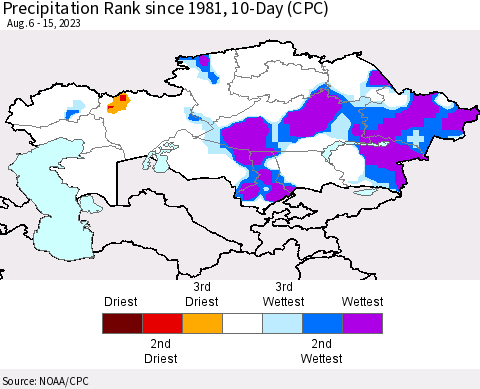 Kazakhstan Precipitation Rank since 1981, 10-Day (CPC) Thematic Map For 8/6/2023 - 8/15/2023