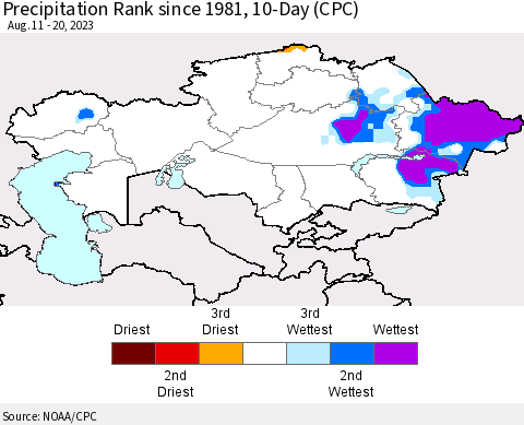 Kazakhstan Precipitation Rank since 1981, 10-Day (CPC) Thematic Map For 8/11/2023 - 8/20/2023