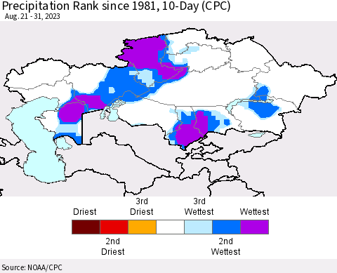 Kazakhstan Precipitation Rank since 1981, 10-Day (CPC) Thematic Map For 8/21/2023 - 8/31/2023