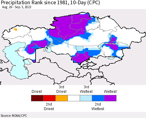 Kazakhstan Precipitation Rank since 1981, 10-Day (CPC) Thematic Map For 8/26/2023 - 9/5/2023