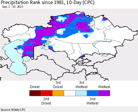 Kazakhstan Precipitation Rank since 1981, 10-Day (CPC) Thematic Map For 9/1/2023 - 9/10/2023