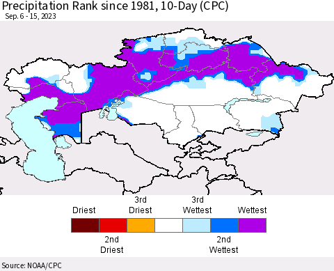 Kazakhstan Precipitation Rank since 1981, 10-Day (CPC) Thematic Map For 9/6/2023 - 9/15/2023