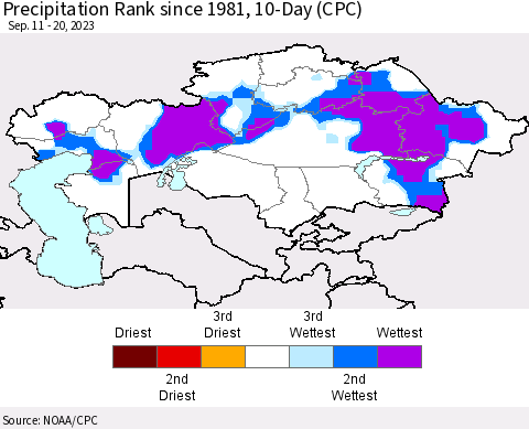 Kazakhstan Precipitation Rank since 1981, 10-Day (CPC) Thematic Map For 9/11/2023 - 9/20/2023