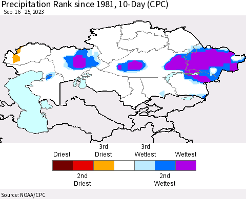 Kazakhstan Precipitation Rank since 1981, 10-Day (CPC) Thematic Map For 9/16/2023 - 9/25/2023