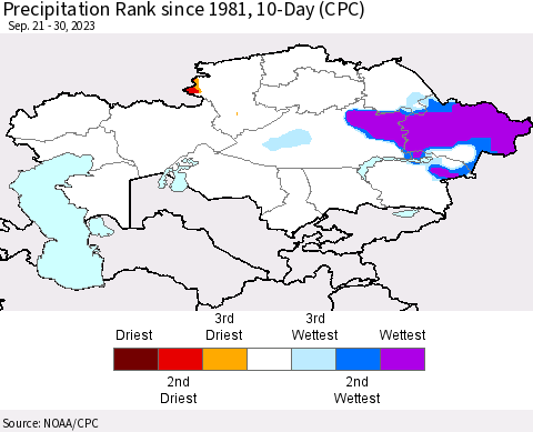 Kazakhstan Precipitation Rank since 1981, 10-Day (CPC) Thematic Map For 9/21/2023 - 9/30/2023