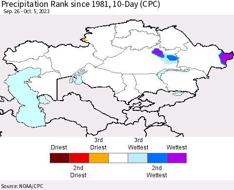 Kazakhstan Precipitation Rank since 1981, 10-Day (CPC) Thematic Map For 9/26/2023 - 10/5/2023