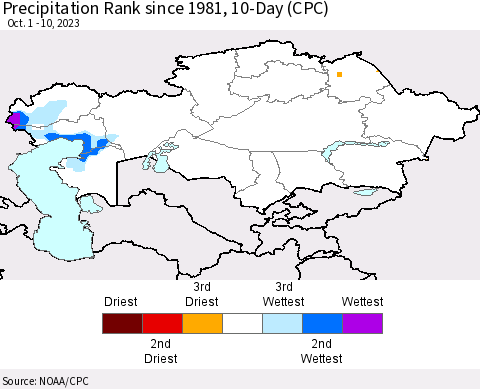 Kazakhstan Precipitation Rank since 1981, 10-Day (CPC) Thematic Map For 10/1/2023 - 10/10/2023