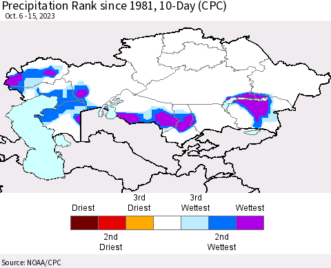 Kazakhstan Precipitation Rank since 1981, 10-Day (CPC) Thematic Map For 10/6/2023 - 10/15/2023