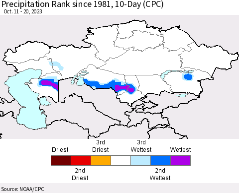 Kazakhstan Precipitation Rank since 1981, 10-Day (CPC) Thematic Map For 10/11/2023 - 10/20/2023