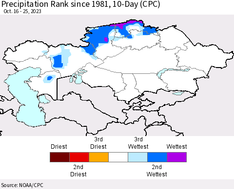 Kazakhstan Precipitation Rank since 1981, 10-Day (CPC) Thematic Map For 10/16/2023 - 10/25/2023