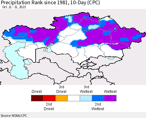 Kazakhstan Precipitation Rank since 1981, 10-Day (CPC) Thematic Map For 10/21/2023 - 10/31/2023