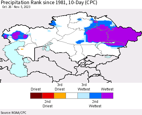 Kazakhstan Precipitation Rank since 1981, 10-Day (CPC) Thematic Map For 10/26/2023 - 11/5/2023
