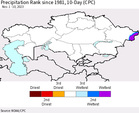 Kazakhstan Precipitation Rank since 1981, 10-Day (CPC) Thematic Map For 11/1/2023 - 11/10/2023