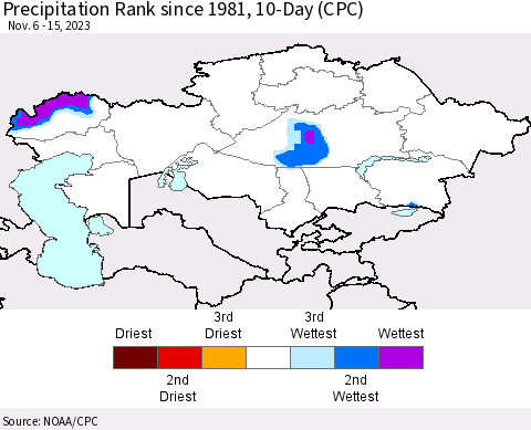 Kazakhstan Precipitation Rank since 1981, 10-Day (CPC) Thematic Map For 11/6/2023 - 11/15/2023