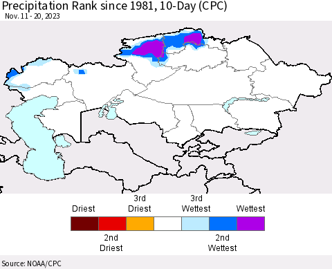 Kazakhstan Precipitation Rank since 1981, 10-Day (CPC) Thematic Map For 11/11/2023 - 11/20/2023